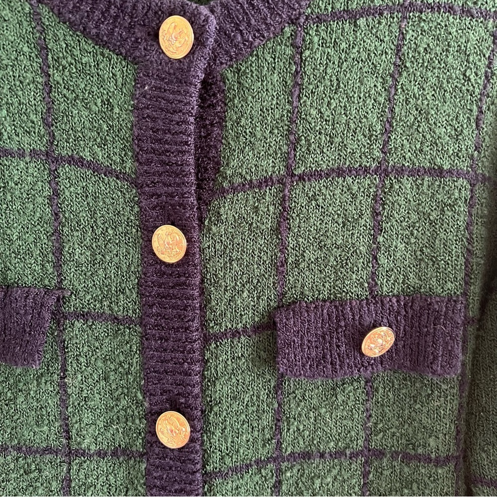Segue Vintage Boucle Green and Navy Plaid Cardigan Preppy Classic Kennedy Medium - Picture 3 of 4